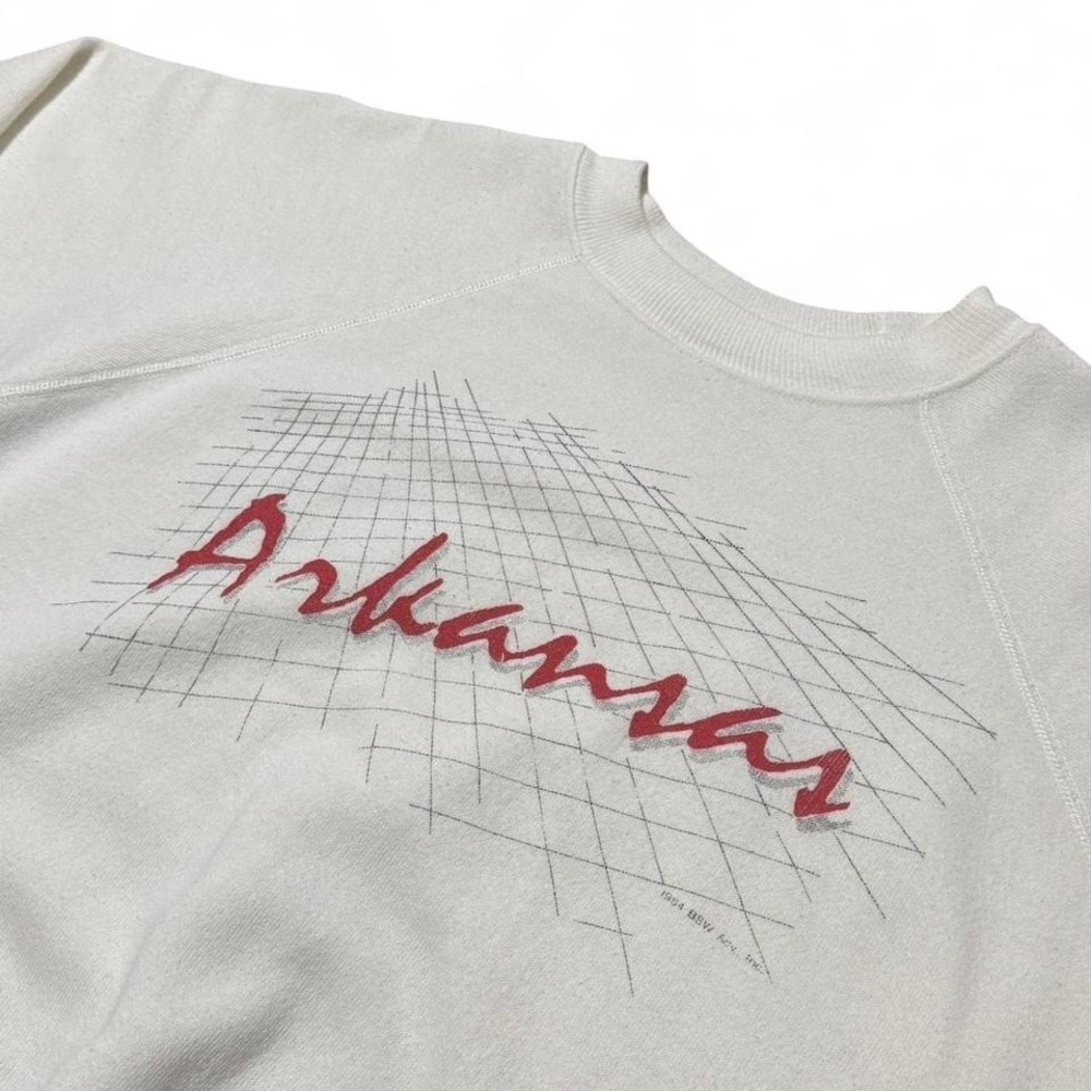 Vintage 80s Arkansas Grid Graphic Cream Pullover Crewneck L 22x25 USA Hanes - Picture 3 of 8